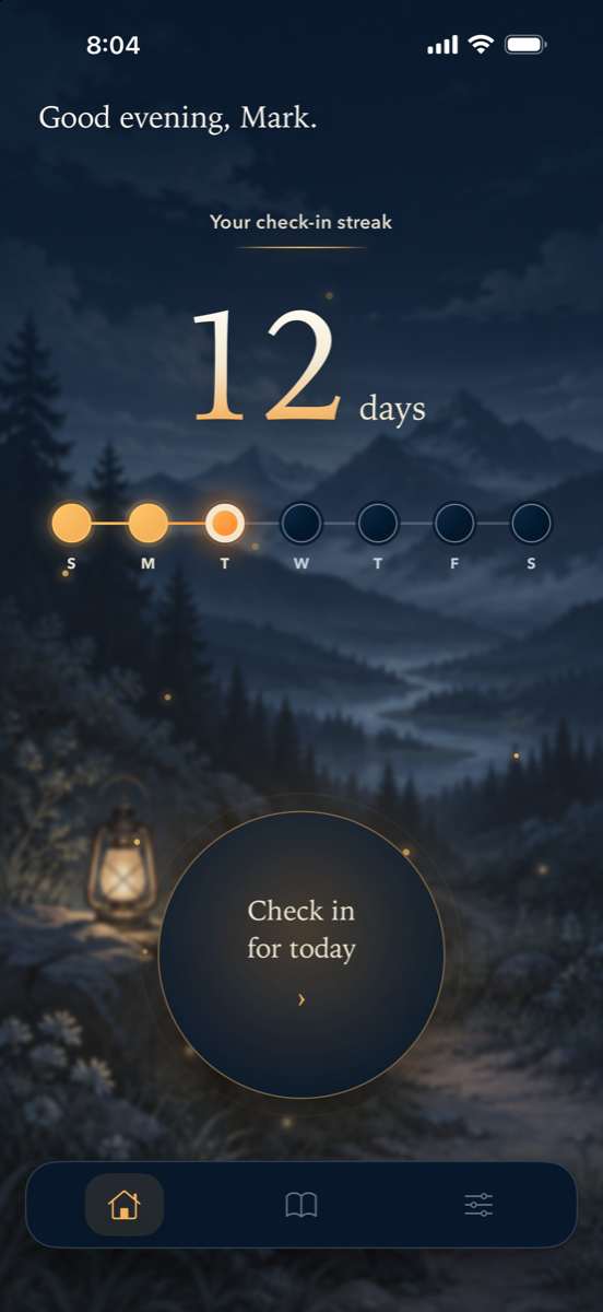 Unwander Home with the check-in streak and journal action